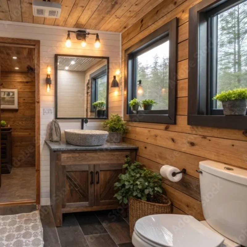 Salle de bain moderne dans la roulotte vue sur la forêt