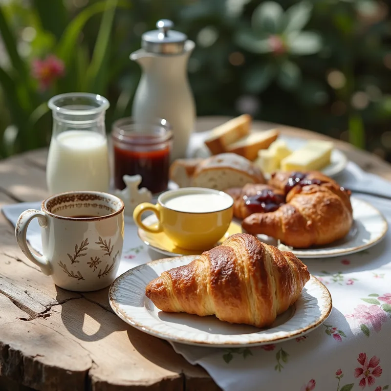 Petit-déjeuner français avec café, lait, viennoiserie, pain; beurre et confiture sur une nappe bohème