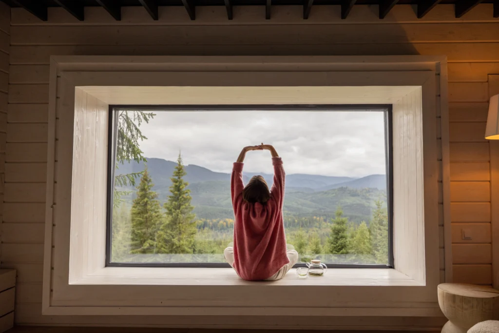 Femme assise sur le rebord d'une fenêtre avec une vue panoramique sur les montagnes